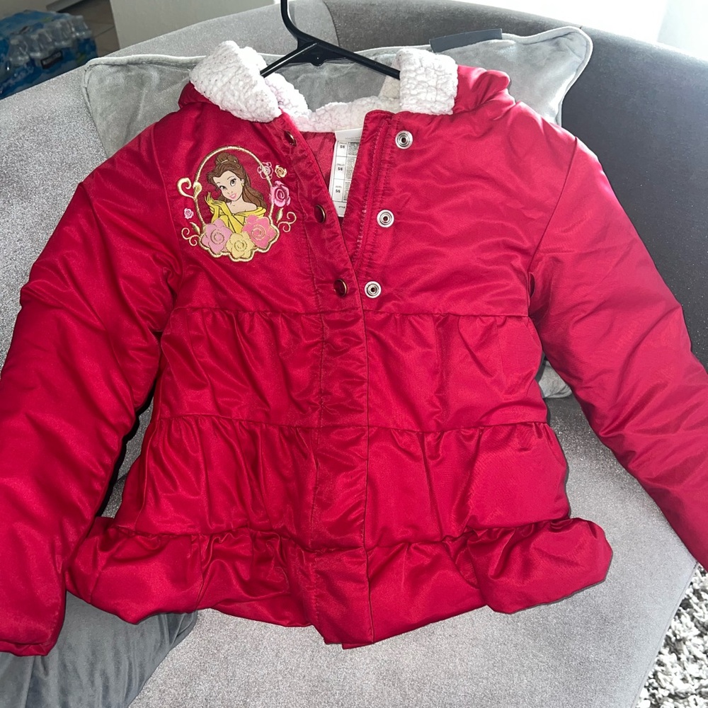 Disney Beauty and The Beast Girls Filled Jacket - Size 5/6  Sherpa lined hood